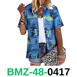 ZXZY Women Cute Hawaiian Shirt Lapel V Neck Short Sleeve Top Loose, A-Blue, M - Picture 1 of 5