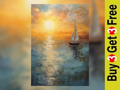 Golden Sunset Sailboat Oil Painting Print - Nautical Wall Art 5" x 7" — 第 1/4 张图片
