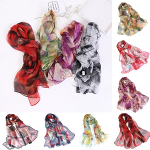 Women Long Soft Chiffon Scarf Print Sheer Wrap Shawl Large Stole Neck Scarves*US - Picture 1 of 28