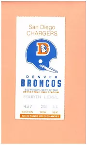 San Diego Chargers at Denver Broncos 9-27-1981 ticket Topps Dan Fouts Oregon HOF - Picture 1 of 2