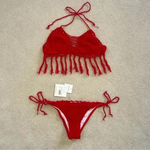 Missguided Red Fringed Crochet Bikini Set - size 2 new with tags NWT - Picture 1 of 11