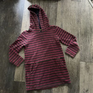 Mini Boden Velour Striped Hooded Dress Pink Gray Stripes Girls 7/8 - Picture 1 of 6