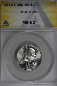 1948-S .25 ANACS MS 62 Washington Quarter, Silver 25 Cents (0.25) - Picture 1 of 2