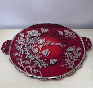 Red Silver City Flanders Sterling Overlay New Martinsville Janice 40th Platter - Picture 1 of 10