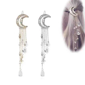 Bohemian Hair Accessories - Moon Star Hair Clip with Paved Crystals, Silver D... - Picture 1 of 7
