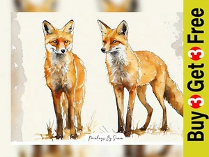 Graceful Companions: Pair of Foxes Watercolor Painting Print - Wildlife 5x7 - Picture 1 of 6