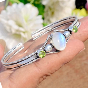 Moonstone & Faceted Peridot Gemstone 925 Sterling Silver Handwork Bangle Cuff - Picture 1 of 8