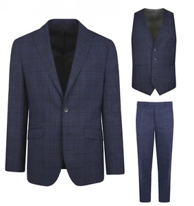 Torre Navy Blue Suit 3 Piece 42R Jacket, 36R Trousers Wool Super 110 Check - Picture 1 of 7