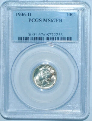 1936 D PCGS MS67FB Full Bands Mercury Dime - Image 1 of 2