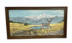 Vtg 1977 Orig Framed Oil Painting; Mountain Landscape, Deer, Alice Reimers 26x14 - Picture 1 of 8