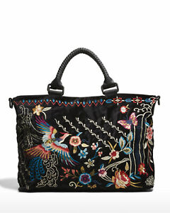 Johnny Was Dreamer Overnight Tote Bag Weekender Black Leather Bird Large New