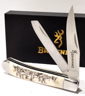 Cuchillo de Bolsillo Browning Buck Deer Scrimshaw Escena Mango de Hueso Blanco Trampero Rut Foto 1 de 4