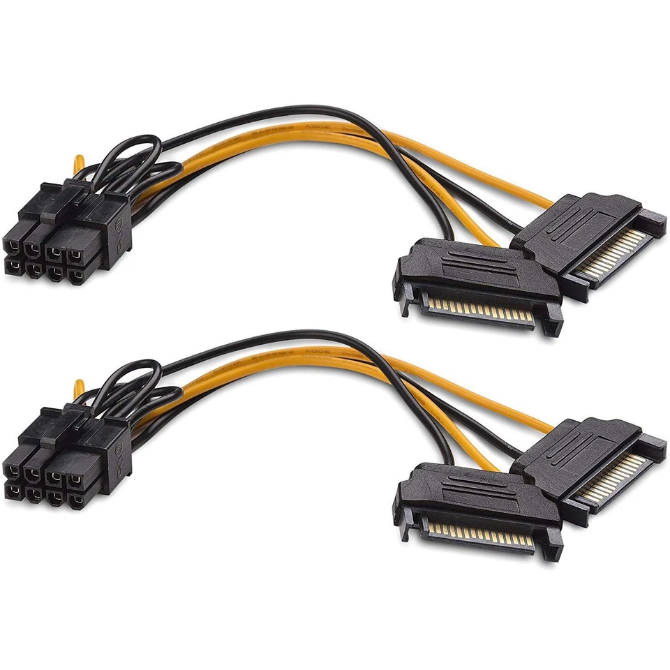 2 Pack 8 Inch 15 Pin SATA Male to 8 Pin 6+2 PCI-Express Female Power Cable - Image 1 of 1