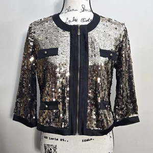 Michael Simon Blazer Blouse Women's Size PS Black & Gold Sequin Shirt Jacket - Picture 1 of 13