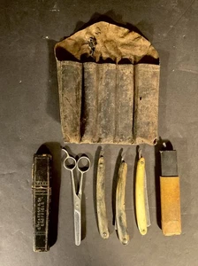 Lot 5 Antique Straight Razors, & Leather Pouch R.F. Ferriere, Elliot,J.M. Frost, - Afbeelding 1 van 12