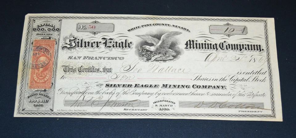 Silver Eagle Mining Company 1869 certificado de acciones - White Pine County Nevada Foto 1 de 1