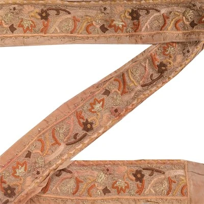 Borde Sari Sanskriti Vintage Bordado 1 Yarda Adornos 3W Decoración Zari Marrón Foto 1 de 4