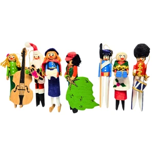 7 Vintage 1976 Arrow Clothespin People Wood & Felt Christmas Ornaments Retro - Picture 1 of 4