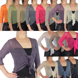 Damen Bolero gehäkelte Glitzer Lurex Stretch Spitze Fischnetz Krawatte an der Taille Strickjacke - Bild 1 von 141