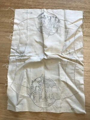 Vintage unused pure linen ecru stamped doilie flowers floral hollyhock 40 x 30.5 - Image 1 of 4