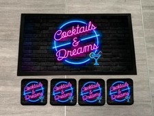 Cocktails & Dreams Neon effect Bar runner Mat & Coasters - Home Bar Pub mat