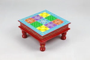 Red Wooden Stool with Vibrant Hand Painted Colorful Top Square Indien Decorative - Picture 1 of 6
