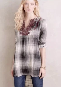 Floreat Anthropologie Black & White Plaid Shirt Dress Embroidery Beads Size S - Picture 1 of 6