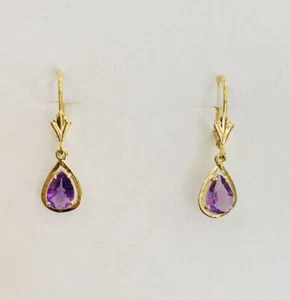 14k Solid Yellow Gold Dangle Lever Back Earrings Natural Pear Amethyst 1.20GM - Picture 1 of 10