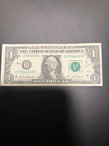 Unique Fancy Serial Number 77344333 “Trinary” One Dollar Bill Circulated Rare - Picture 1 of 2