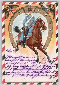 Imperial German Army Cavalryman Pickelhaube & Horse Lucky Horseshoe Postcard - Picture 1 of 2