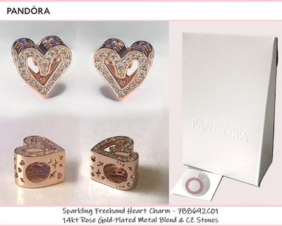 New Pandora Sparkling Freehand Heart Charm (788692C01) 14k RGP & CZ – Box & Post - image 1 of 4