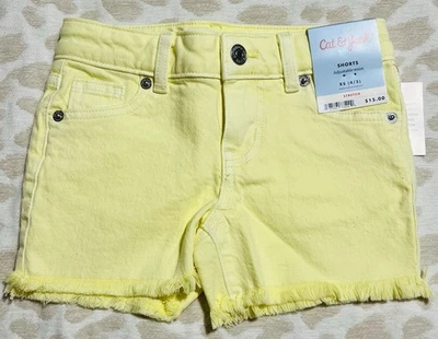 Pantalones Cortos Cat and Jack Niñas XS 4/5 Amarillo Elastizado Denim Dobladillo Crudo Verano Informal Divertido Foto 1 de 4