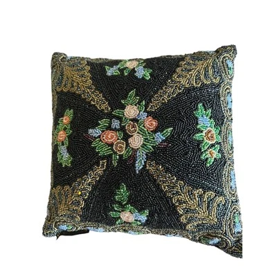 Vintage Beaded Boudoir Pillow By Christiana 9" Square Goth Floral Pattern - Image 1 of 4