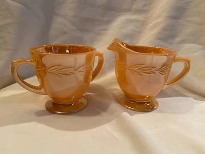 Anchor Hocking Fire King Peach Lustre Laurel Creamer And Open Sugar Bowl Set - Image 1 of 4