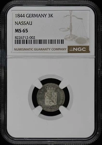 1844 GERMANY NASSAU 3K Kreuzer NGC MS65 - Picture 1 of 2