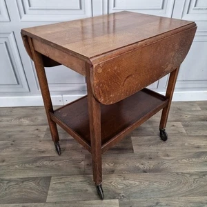 Vintage Oak Drop Leaf Tea Trolley Table On Castors - Wooden Serving Table Drinks - Picture 1 of 19