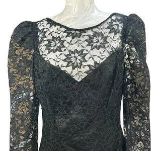 Vestido midi vintage años 80 satinado y encaje falda en capas mangas transparentes lazo formal gala - Imagen 1 de 18