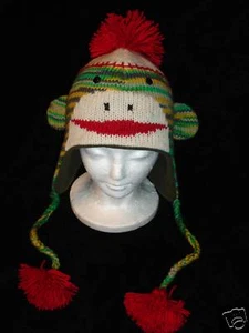 NWT deLux Green Stripe SOCK MONKEY HAT knit ADULT Flc Lined CHRISTMAS gift pom  - Picture 1 of 5