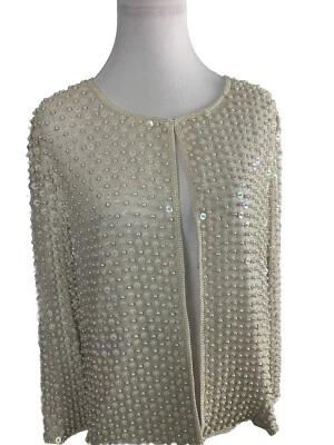 Jaqueta de noite STENAY MARFIM lantejoulas de seda e miçangas pequena M- frente aberta-vintage - Imagem 1 de 4
