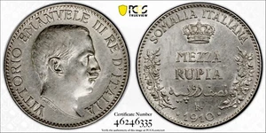 ITALIAN SOMALILAND 1/2 Rupia 1910-R Rome Mint Vittorio Emanuele III PCGS AU55 - Picture 1 of 4
