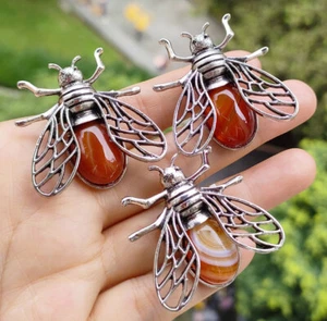 3pcs Red Onyx AGate Gems Bee Pendants Brooch Happy Luck Amulet - Picture 1 of 1