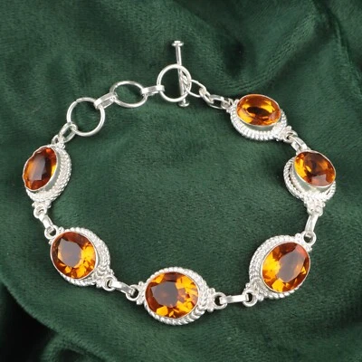 Oval Genuine Citrine 925 Sterling Silver Engagement New Chain Bracelet Jewelry - Image 1 of 4