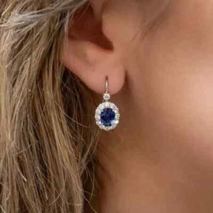 3CT Oval Cut Lab Created Sapphire Drop & Dangle Earrings 14K White Gold Plated - Picture 1 of 6