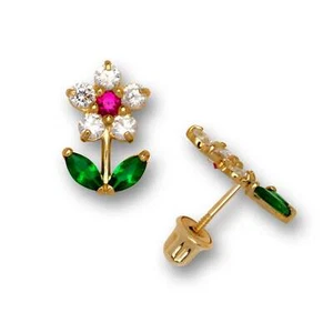 14K Yellow Gold CZ Ruby & Emerald Gemstone Flower Stud Earrings for  Girls - Picture 1 of 1