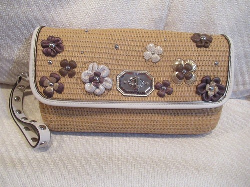 Frittura polso in paglia floreale Coach Natalie nuovo con etichette bianco crema marrone $228 44972