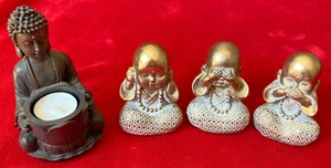 4tlg Decor Set Indian Style Buddhist Candle Holder & 3 Figures Three Monkeys - Picture 1 of 17