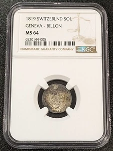 1819 MS64 Switzerland Swiss Canton GENEVA Billon Sol NGC KM 119 - Picture 1 of 4
