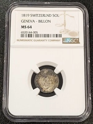 1819 MS64 Switzerland Swiss Canton GENEVA Billon Sol NGC KM 119 - Image 1 of 4