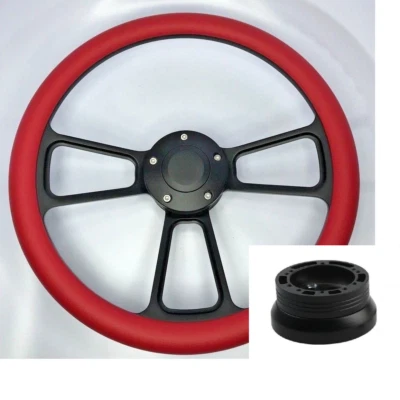14" Black Billet Steering Wheel (Red Wrap, Horn Button, Hub Adapter C02) - Изображение 1 из 4