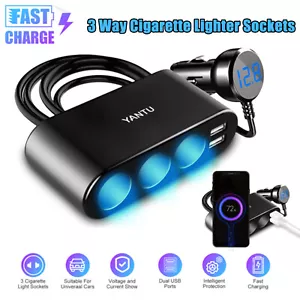 3 Way Car Cigarette Lighter Socket Splitter Dual USB Charger Power Adapter 12V - Picture 1 of 8